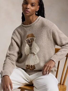 Polo by Ralph Lauren Beige Teddy Appliqué Crewneck Sweater